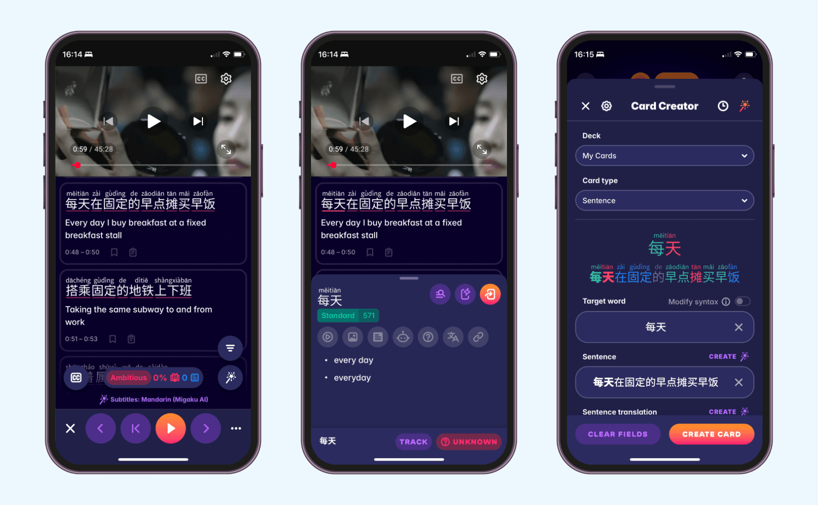 Use Migaku app to watch videos with Chinese subtitles and generate flashcards