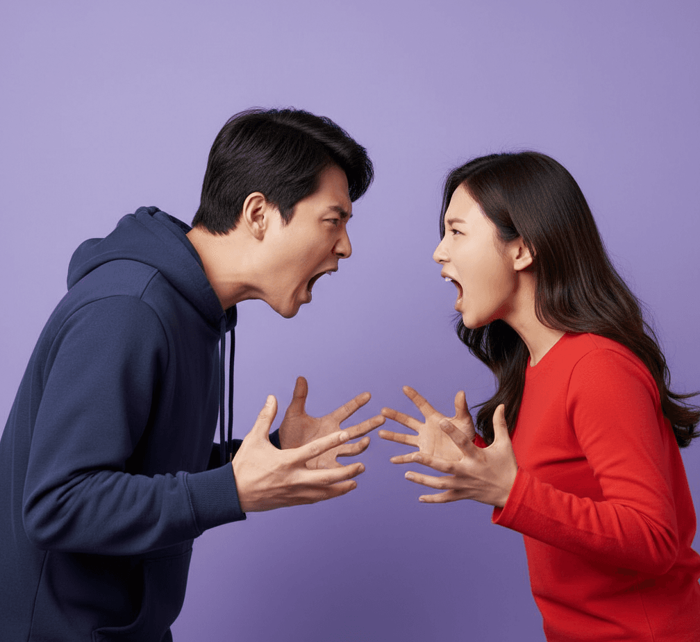 korean man and korean woman yelling at each other using korean swear words