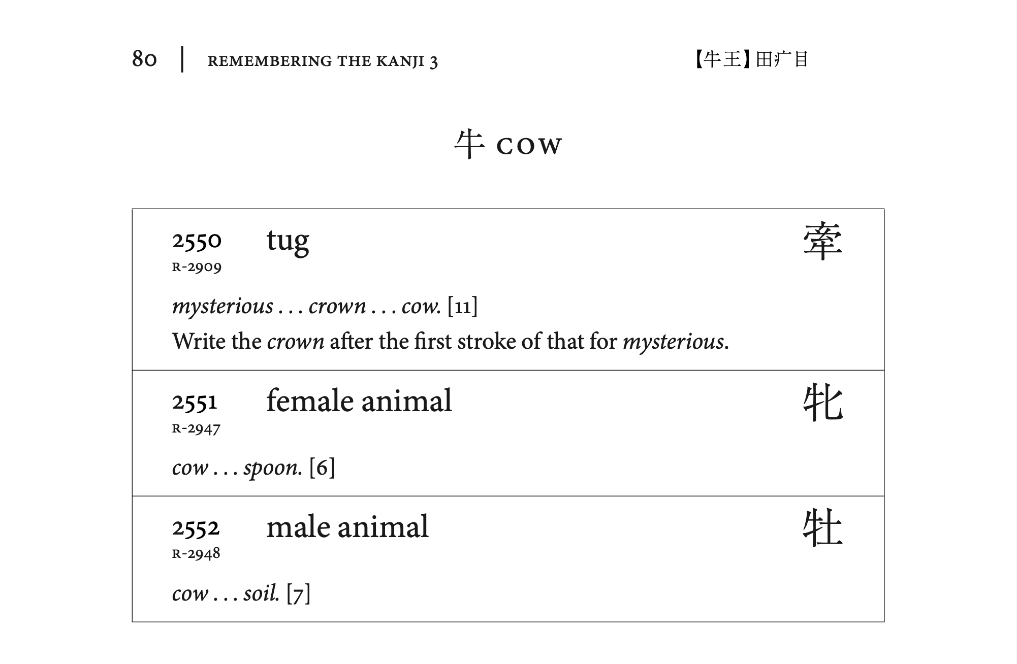 Remembering the Kanji 3 page 80 displaying advanced kanji that use the character for cow