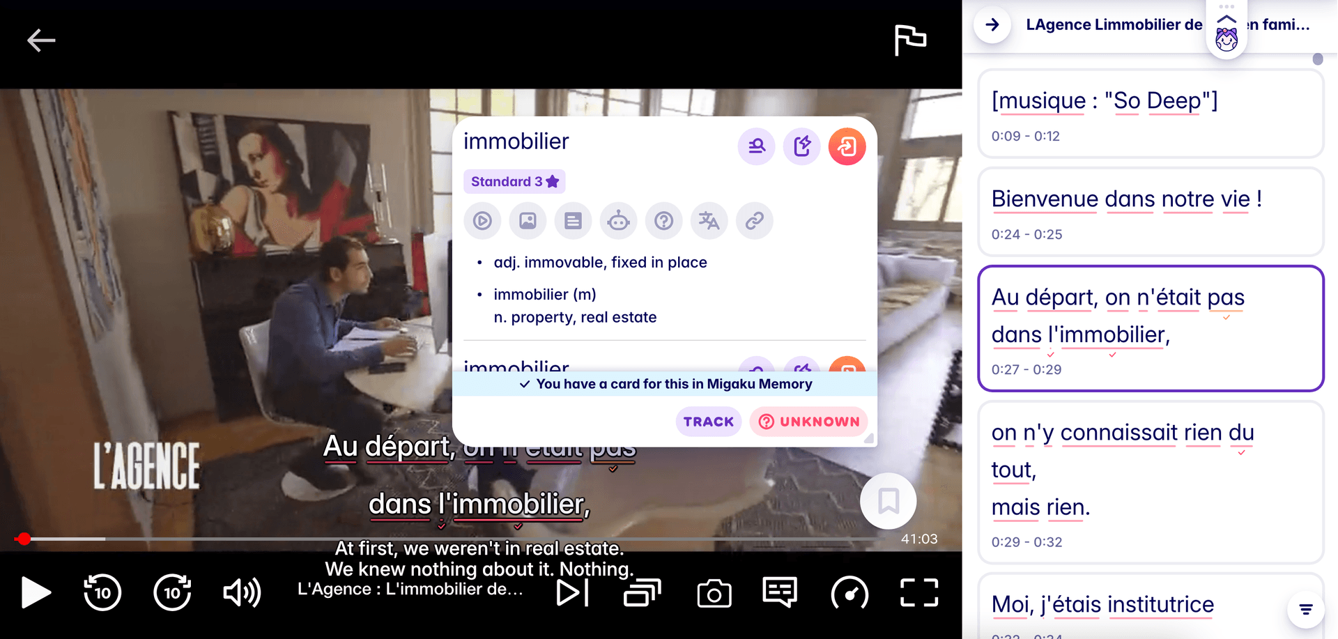 A screenshot showing Migaku enhances Netflix, enabling learners to click on unknown words to see definitions