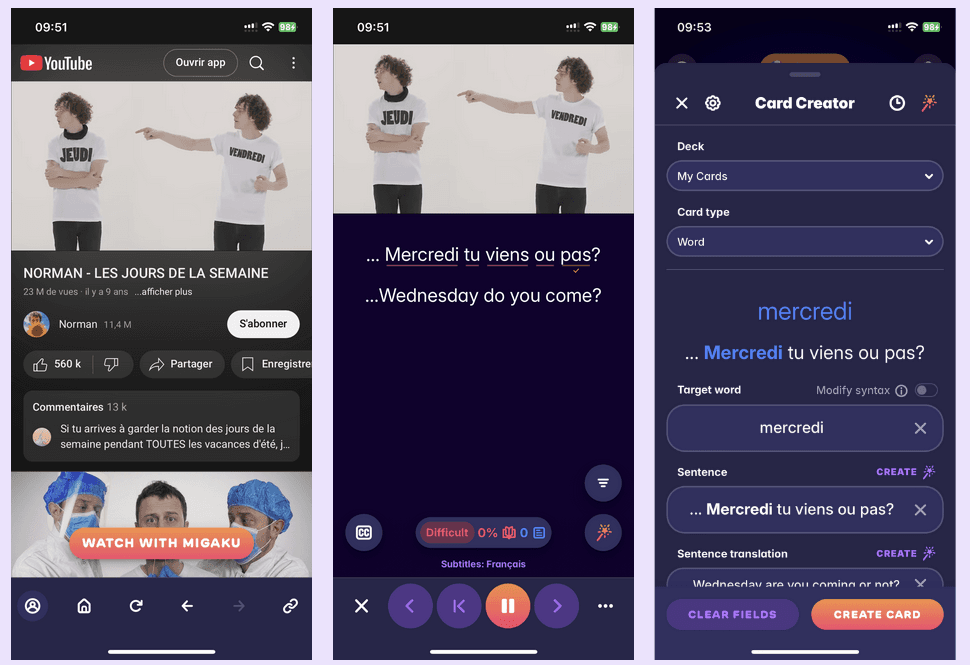 A screenshot showing how Migaku enhances YouTube videos, anabling French learners to click on words to see definitions