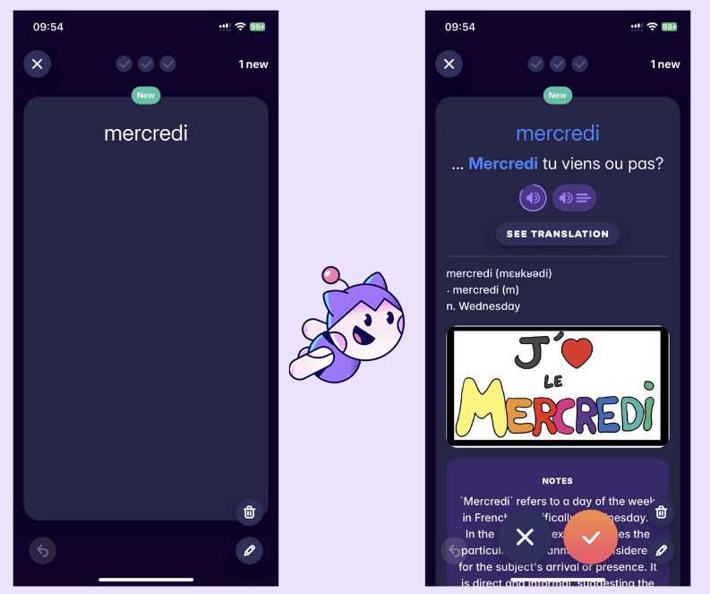 A screenshot showing how an example of the front and back of a Flashcard that Migaku creates to help users learn French 