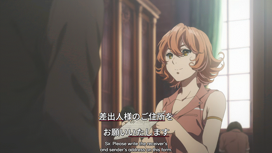 A scene from Violet Evergarden, as enhanced by Migaku, showing how we help people learn Japanese by watching anime 