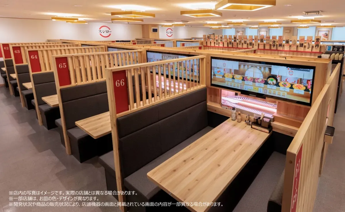 A photograph showing the inside of a conveyor-belt sushi restaurant