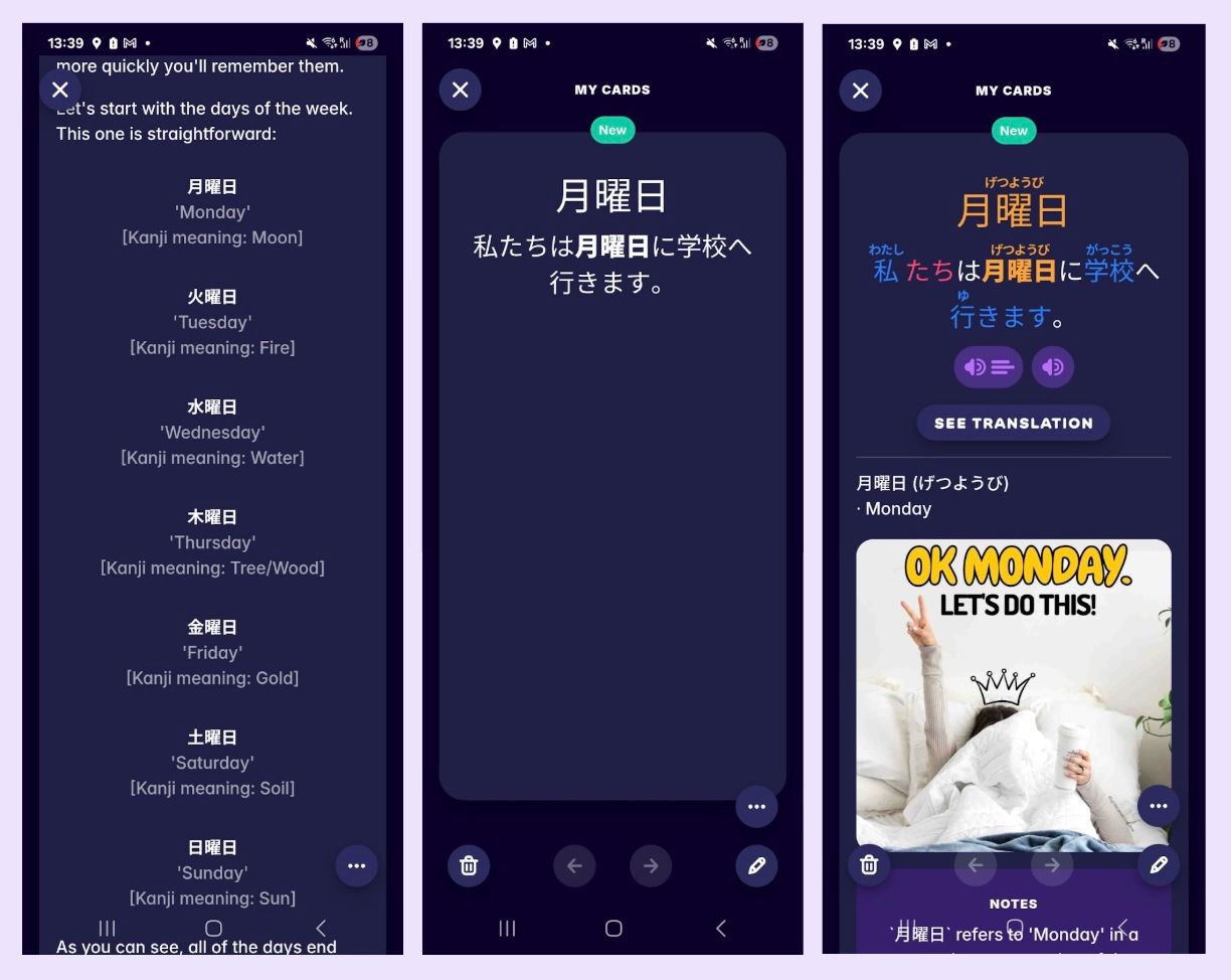A screenshot from Migaku's Japanese Academy course, showing how we help users to learn Japanese vocabulary and grammar points