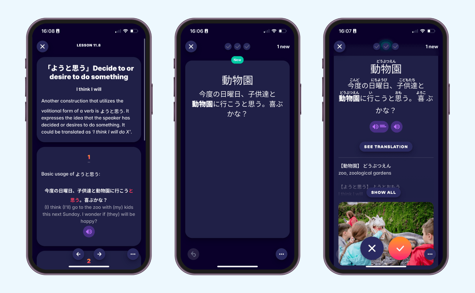 A screenshot from Migaku's Japanese Academy, showing how we help users to learn Japanese words and grammar