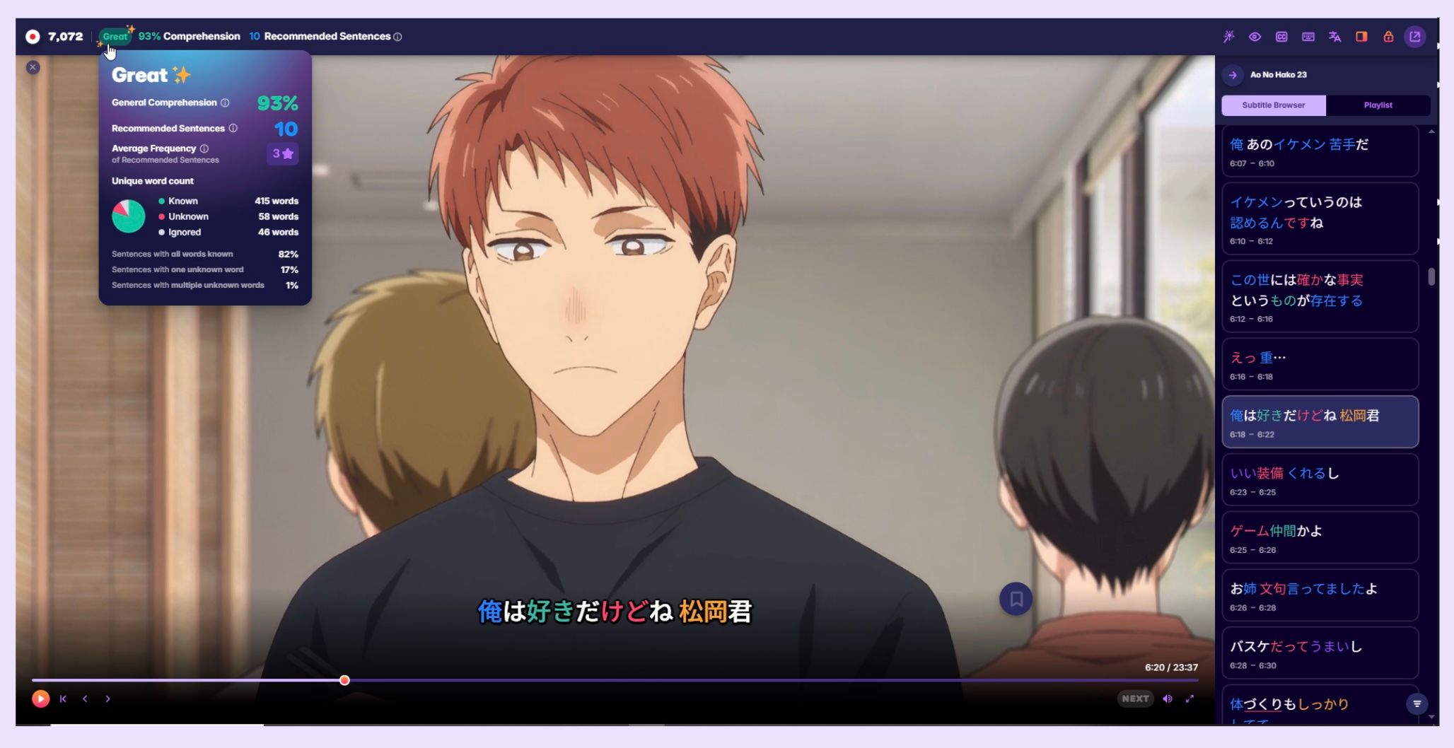 A screenshot of a user learning Japanese with Netflix via Migaku—in particular, they're watching Blue Box