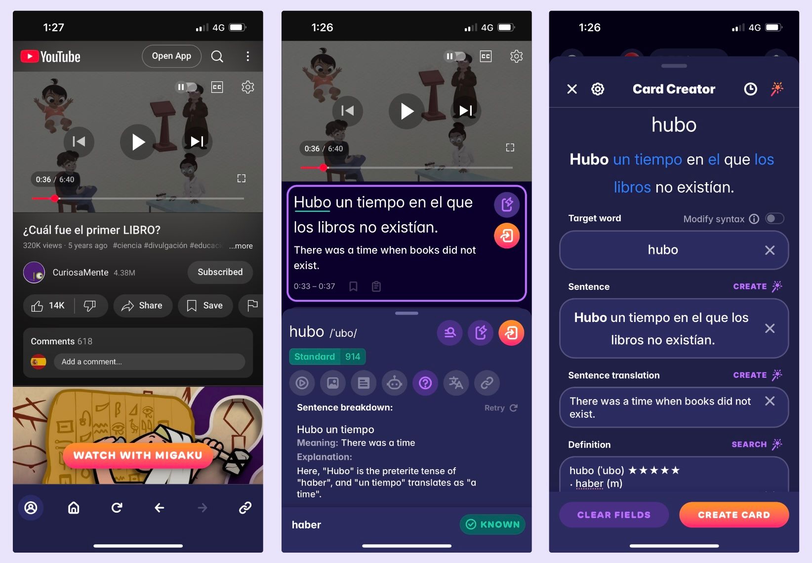 A screenshot showing how Migaku helps you learn Spanish by watching YouTube videos on your phone