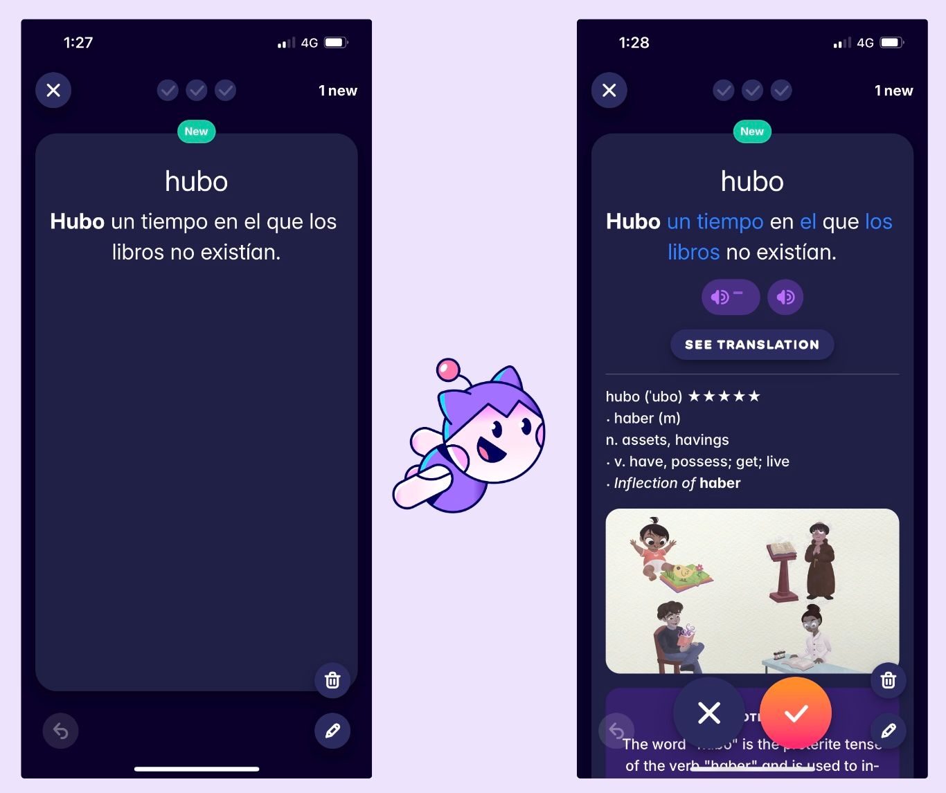 A screenshot showing a Spanish flashcard that Migaku enables Spanish learners to make in just one click and a couple seconds